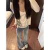 Light Blue Plush High-Waisted Micro-Flare Jeans for Women - 2025 Spring/Autumn Loose Fit Floor-Length Bell Bottoms
