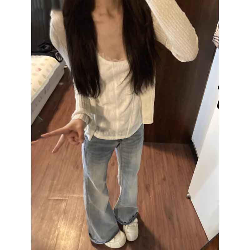 Light Blue Plush High-Waisted Micro-Flare Jeans for Women - 2025 Spring/Autumn Loose Fit Floor-Length Bell Bottoms