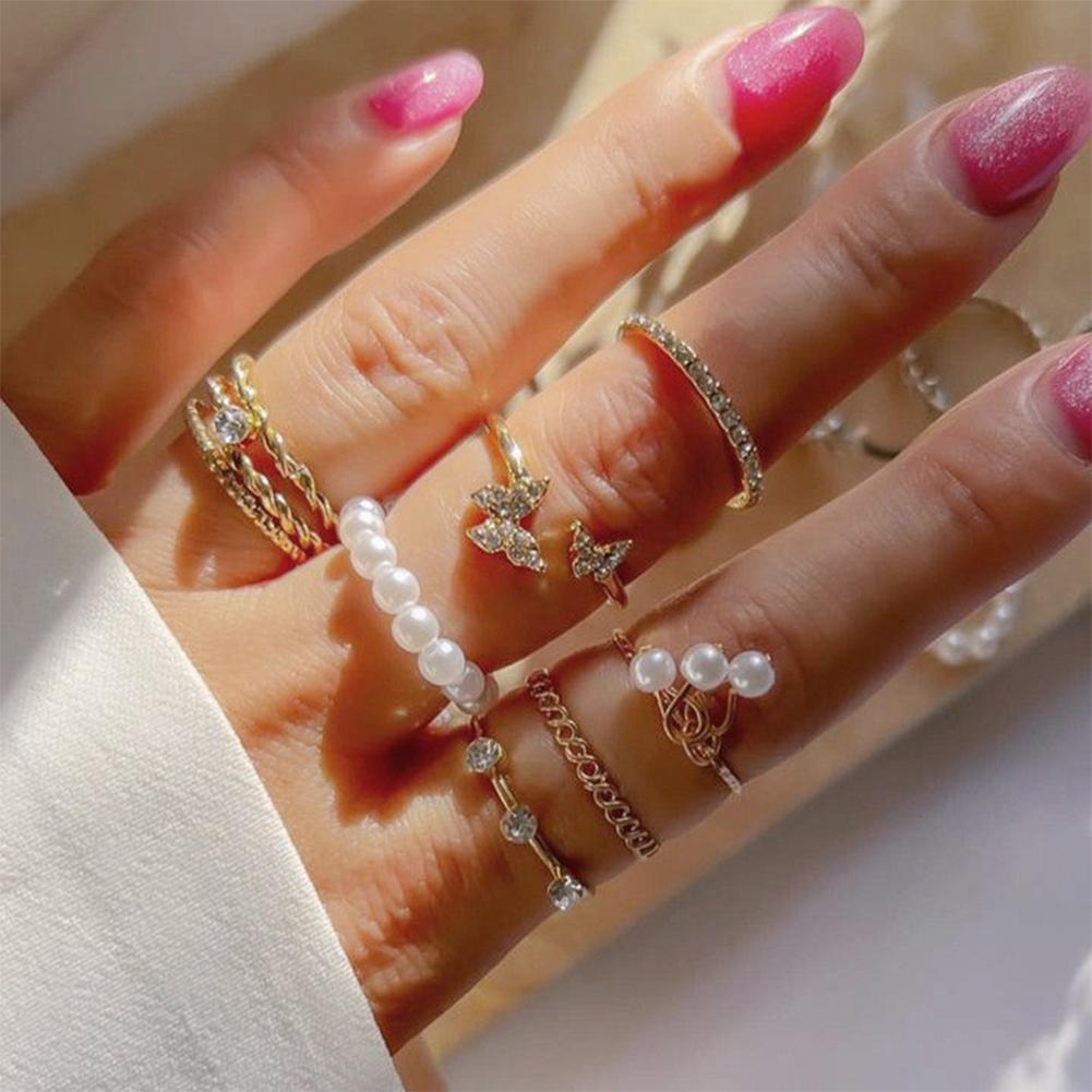 8pcs/set Gold Star Leaf Pearl Rings Personalized Fashionable Rings Set Alloy Rings Women Jewelry Accessories