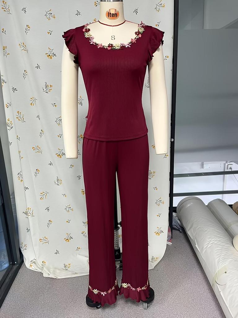 Damen Mode Über die Grenze Schlanke Passform Pyjama Set: Kurzarm-Oberteil & Lange Hose