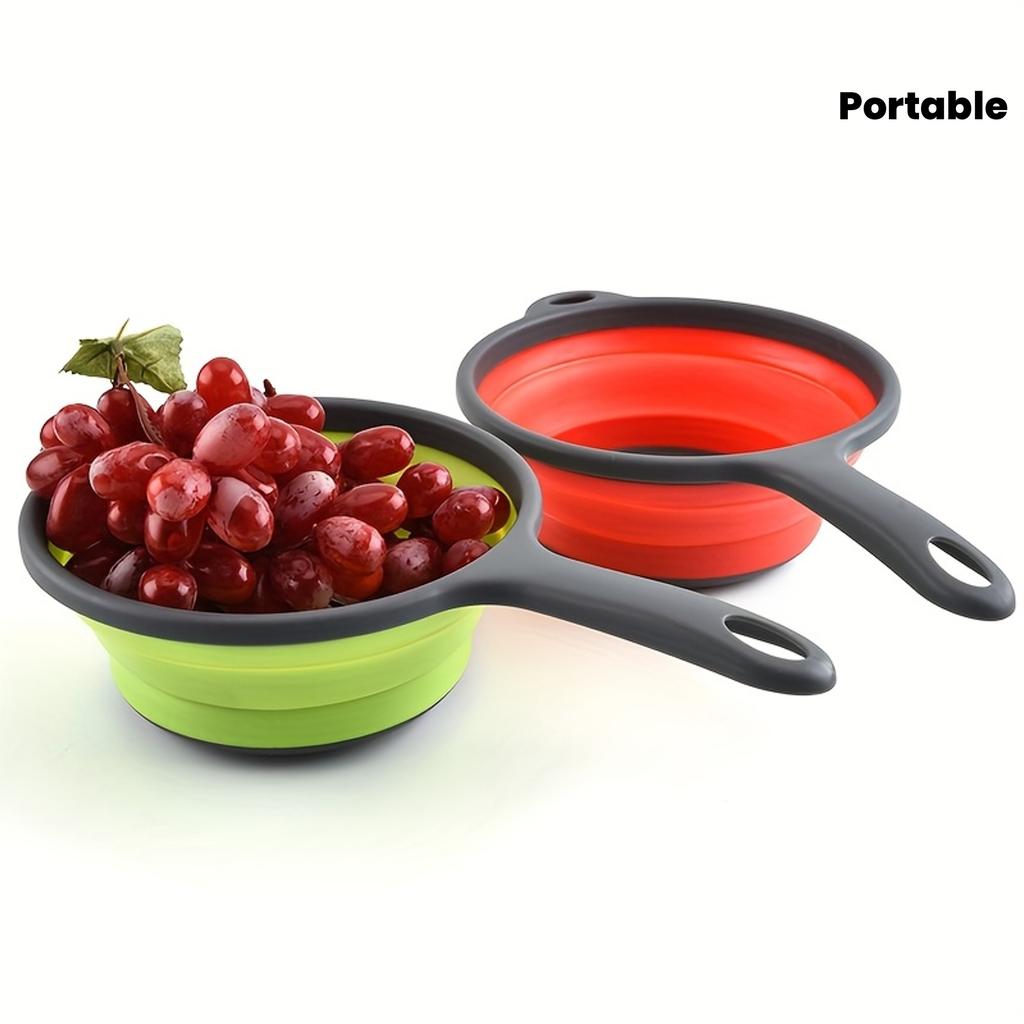 Long handle silicone foldable strainer, portable fruit & vegetable washing basket, kitchen draining tool for pasta, veggies & fruits