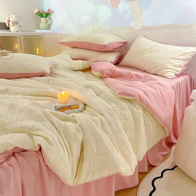 Sommerkühlende dünne Steppdecke, Bettlaken mit Kissenbezügen, 4-teilig, leichte Bettdecke, Bettröcke, Bettwäscheset, Tagesdecke, Heimtextilien