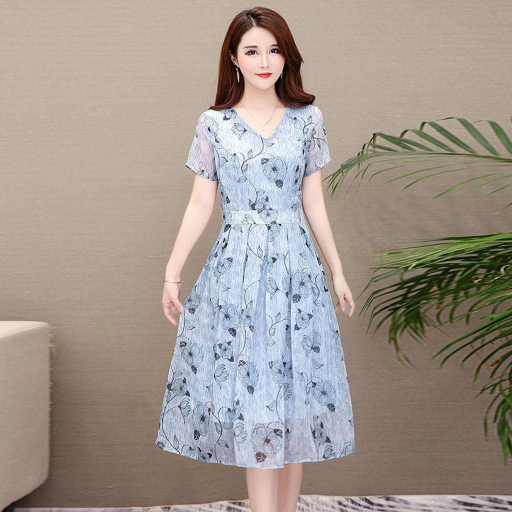 Fashion Casual Women O-Neck Short Sleeve Ladies Loose  Print Knee Length Dress