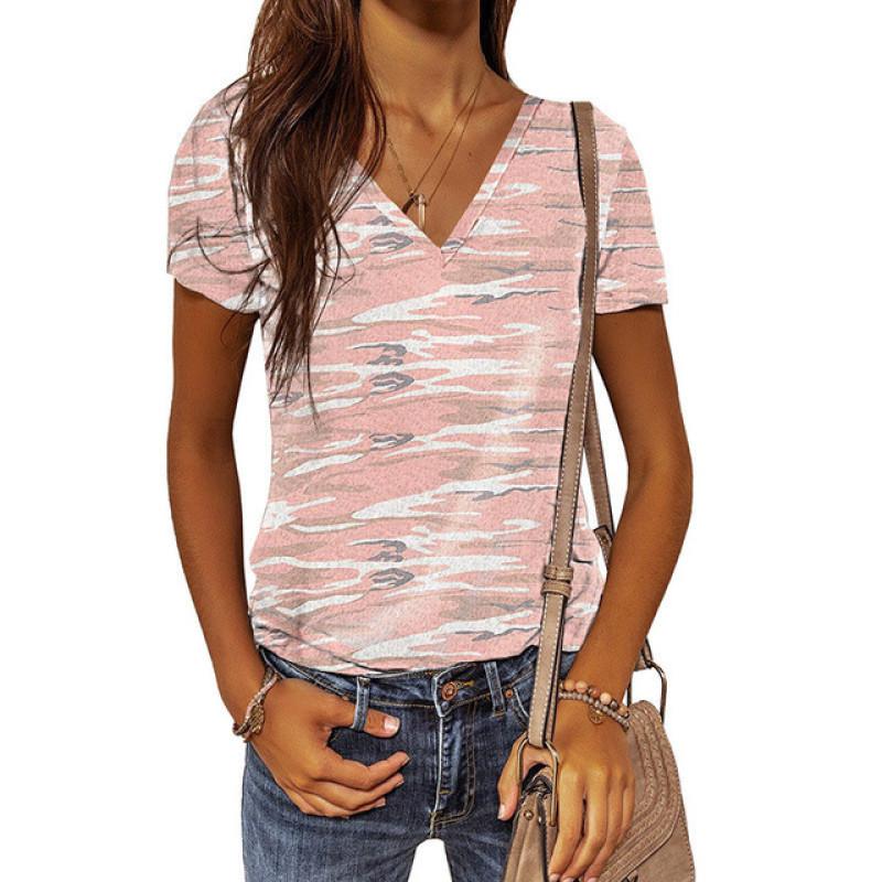Summer Women's T-shirt Camouflage V-neck T Shirt Ladies Fashion Short Sleeve Tops Retro Streetwear Fashion Clothes Female Casual