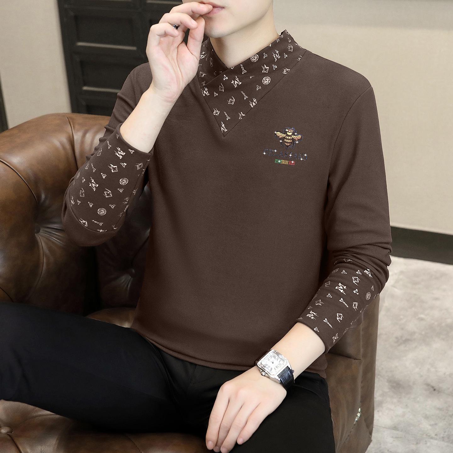 Trendy Fleece Two-Piece Look Men s Half-High Collar Hoodie - Velvet Lined, Long Sleeve, Warm for Autumn/Winter L (105~130 jin)