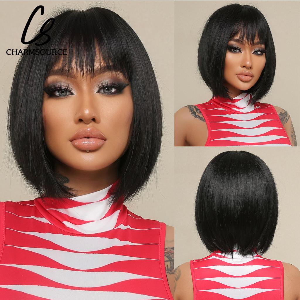 Short Synthetic Wigs Dark Brown Natural Wig with Side Bangs for Women Cosplay Daily Party Pixie Cut Wigs High Temperature Fibre