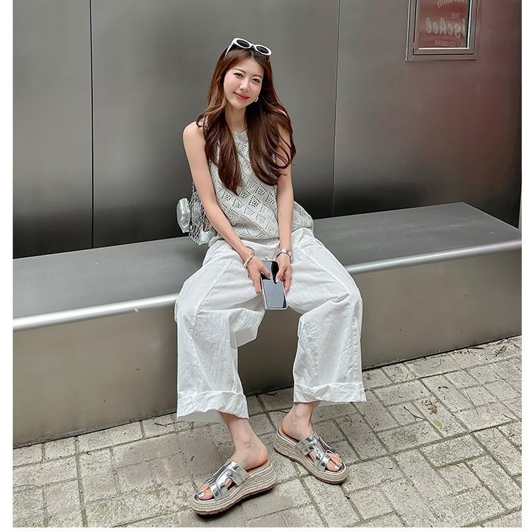 Sheepskin Version! Zhao Ruth Has the Same One-word Cool Slippers for Women's Summer Wear Straw-woven Muffin Shoes, Thick-soled High-heeled Cool Slippe
