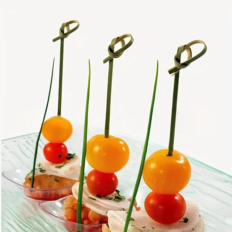100pcs Bamboo Skewers with Knotted Handle, Disposable Cocktail Party Food Picks, 3.54 Inch Fruit Forks for Outdoor
