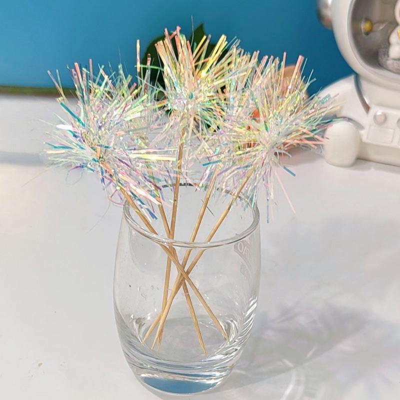 10Pcs Wooden Cake Decorations Colorful Tinsel Cake Insert Sticks Embellishments For Birthday Wedding Anniversary Party
