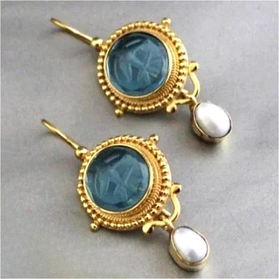 Vintage Imitation Pearl Inlaid Synthetic Aquamarine Dangle Earrings for Women Exquisite Banquet Pendant Jewelry Crafts