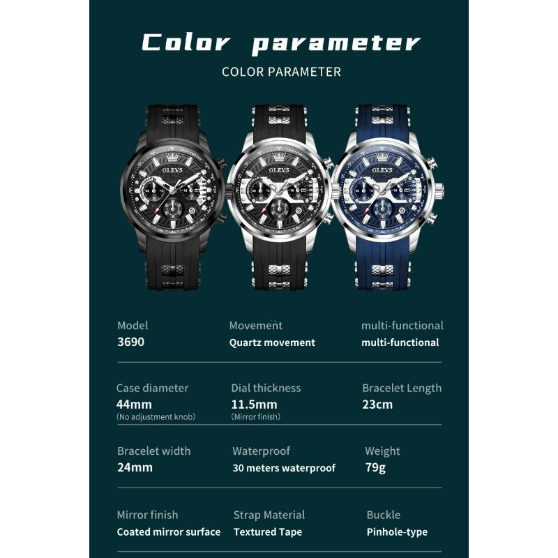 OLEVS Brand Original Quartz Watch Men Sports Silicone Waterproof Luminous Multifunctional Chronograph Watches For Men