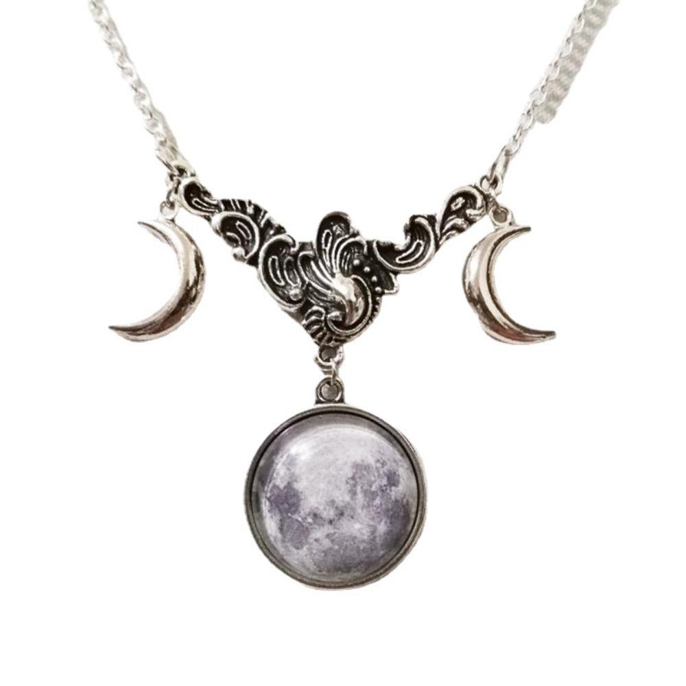 Retro Fashion Sliver Color Triple Moon Goddess Crescent Moon Crystal Glass Pendant Necklace for Women Amulet Charm Jewelry Gifts