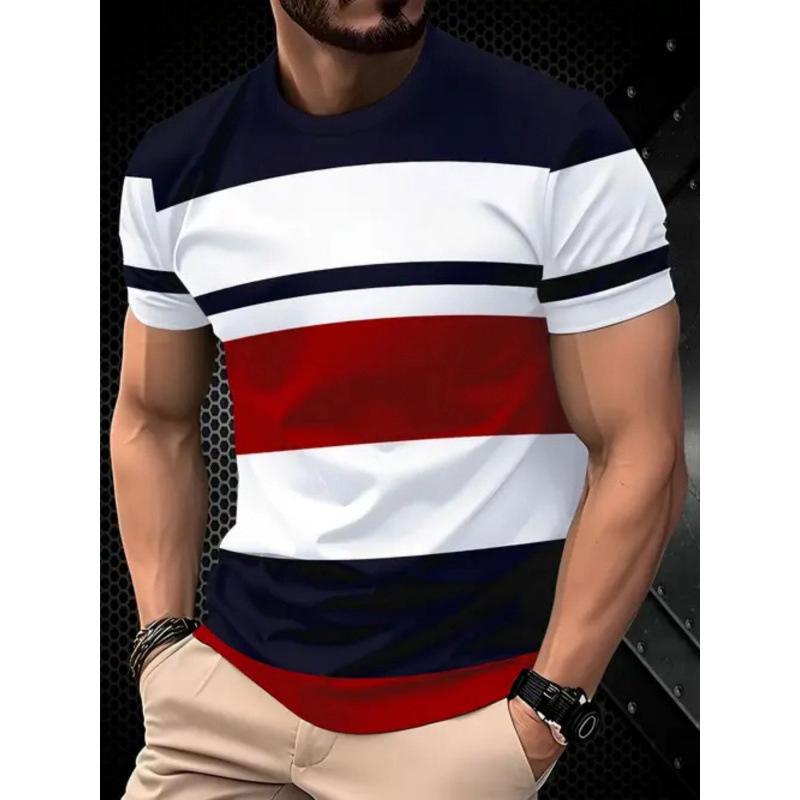 Fashion Men s Crew Neck Short Sleeve 3D Striped Color Printing Striped Short Sleeve Crew Neck T-Shirt XS