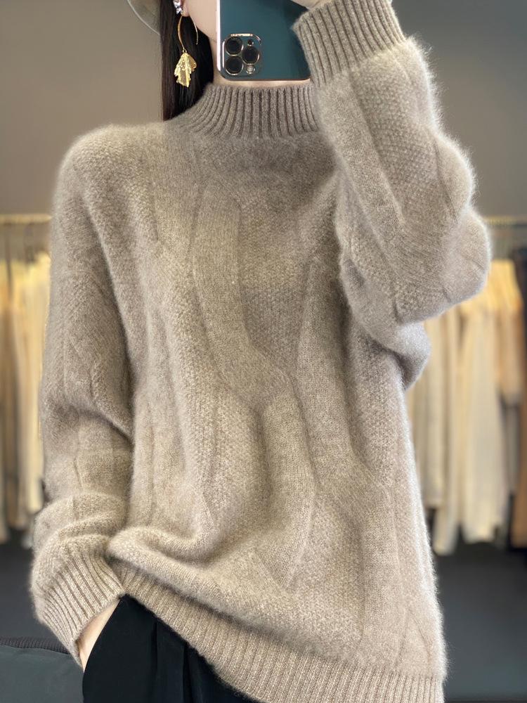 Women's Thickened Pure Wool Sweater - Half-High Collar, Full Body Cable Knit, Loose Fit, Versatile Drop Shoulder Design.