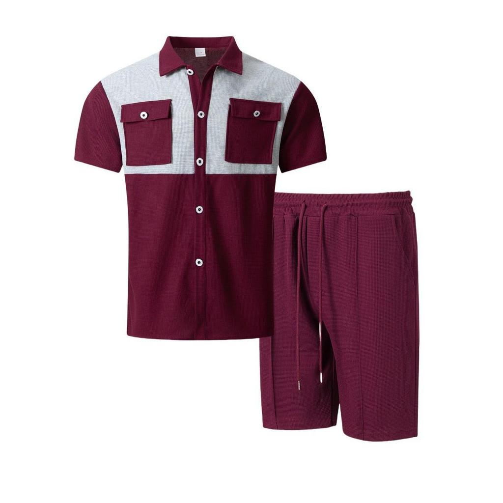 Men's Color Block Short-sleeved Cardigan and Pocket Shorts Set - Casual Summer Outfit
