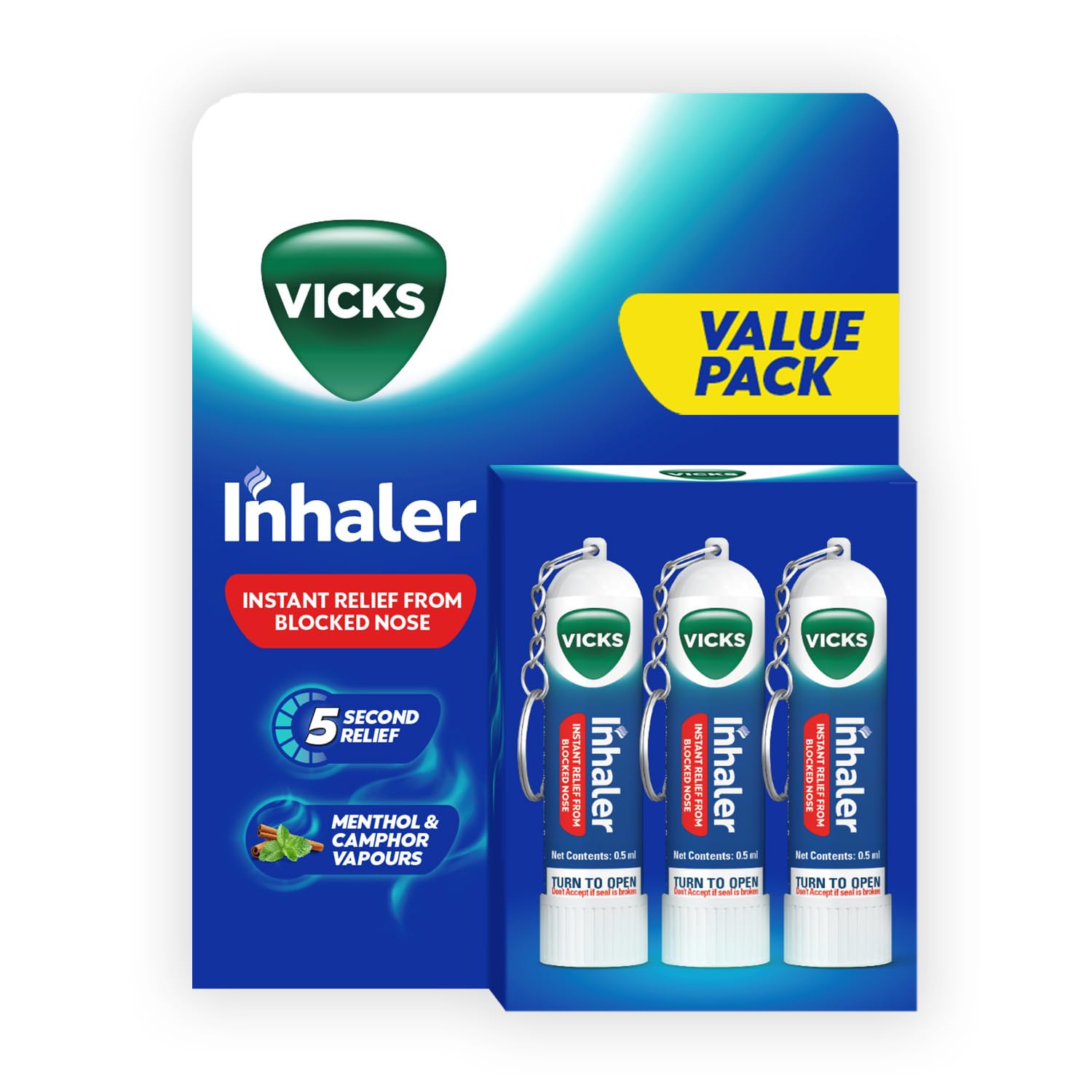 Vicks Inhaler, Portable Nasal Inhaler, Non-Medicated, Soothing Vapors to Breathe Easy, Menthol Scent,Pack of 3