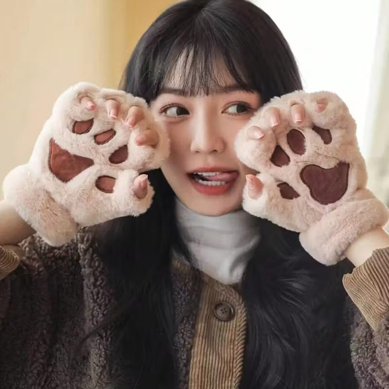 Cute Cat Paw Gloves for Women Fall Winter Warm Fleece Half-Finger GlovesThickened Fingerless for WritingCold Weather Protection