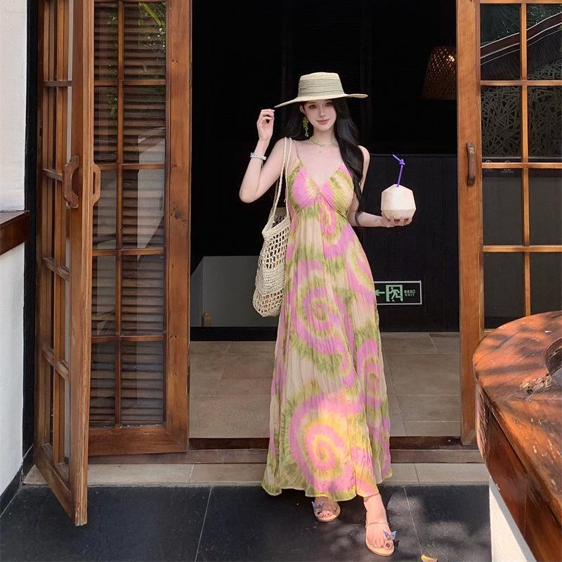 Holiday Style Print Neck Sling Dress Women's Island Beach Photo Long Skirt