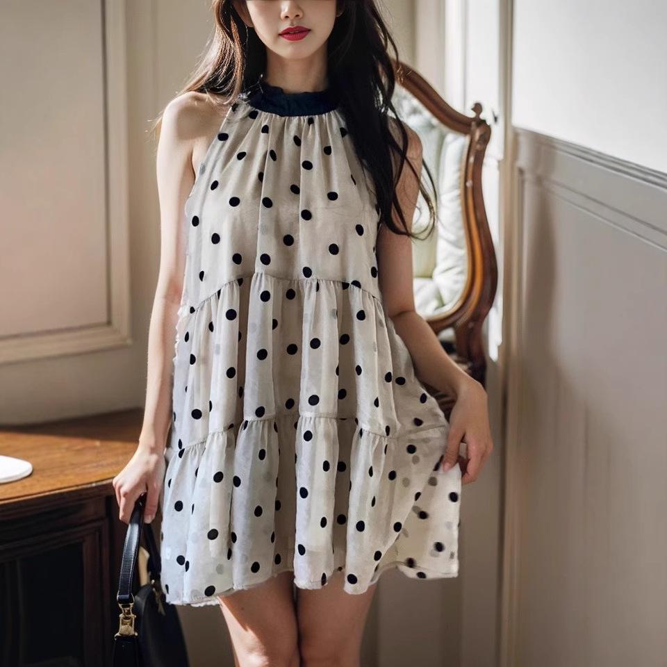 Women's Summer French Tie-Neck Polka Dot Sleeveless Dress - Petite Loose Short Skirt
