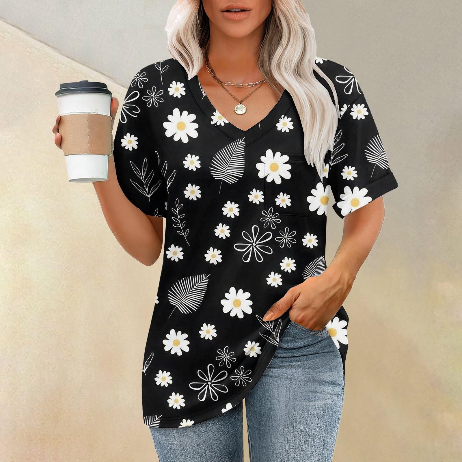 

Женские футболки с V-образным вырезом и коротким рукавом, летние топы, повседневные базовые футболки, модные L чёрный