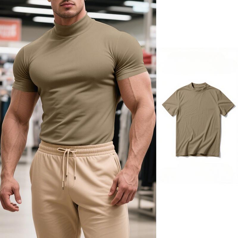 

Летняя новая мужская повседневная футболка, Модная футболка с полувысоким воротником, облегающая однотонная 3XL хаки