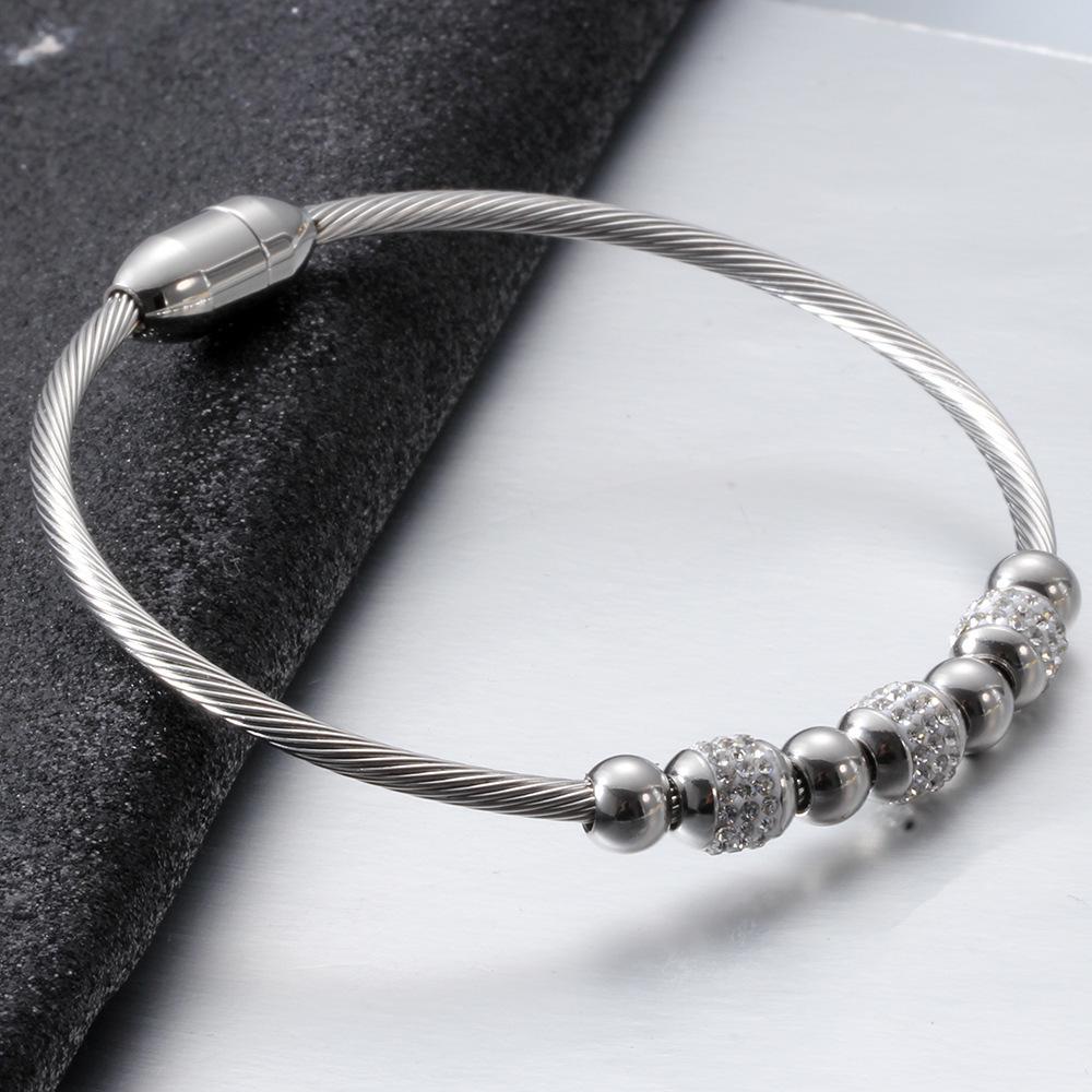 18K Gold Stainless Steel Bracelet with 3MM Magnetic Clasp and Diamond-Paved Cable Wire Design for Women