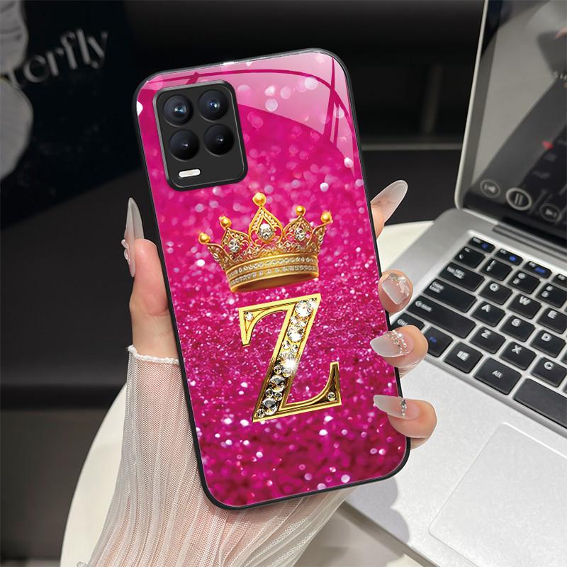 For Realme 8 Case Fashion Letters Hard Tempered Glass Back Cover For Realme 8 Pro 8i Realme8 4G RMX3085 Phone Case Luxury Coque