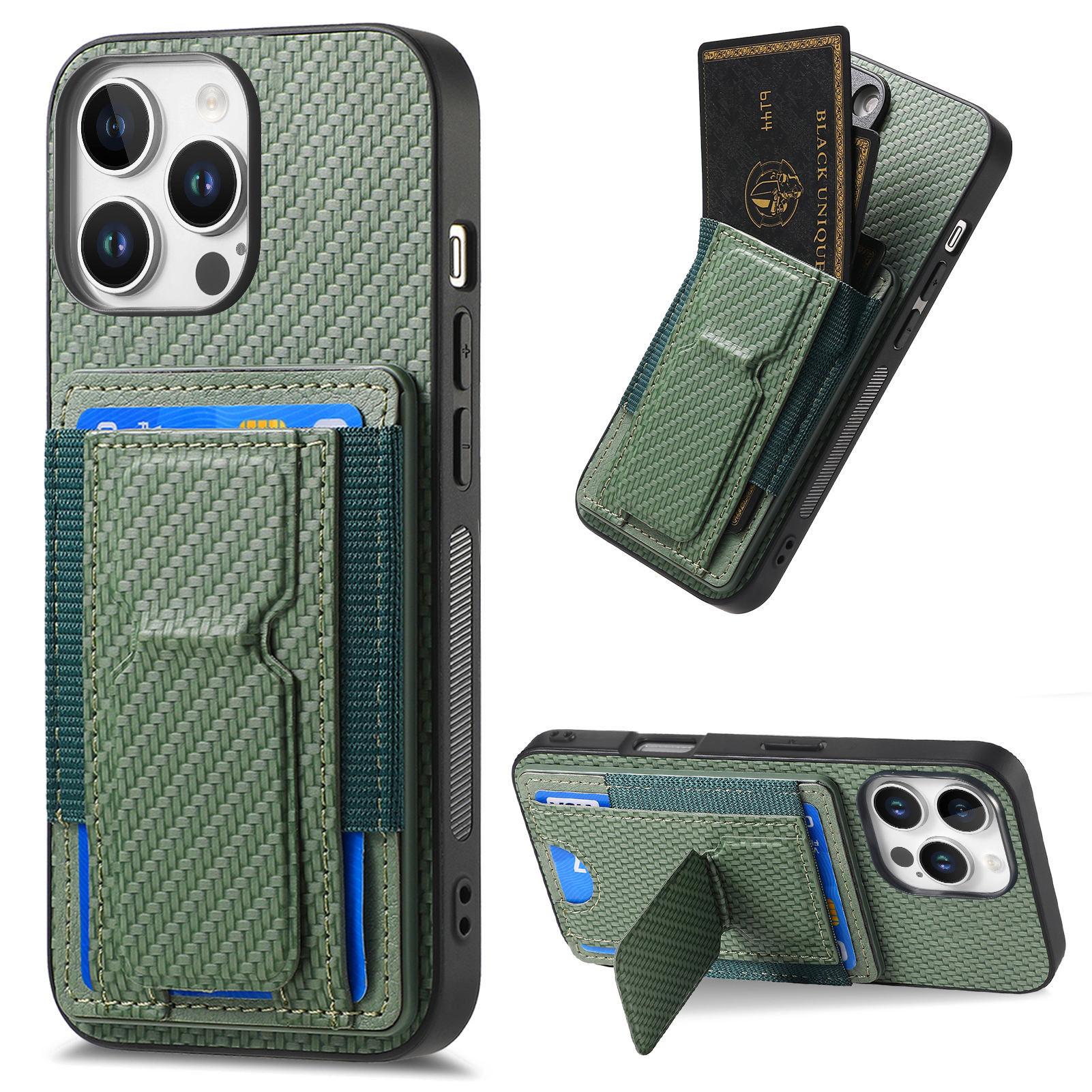 

For iPhone 16 Pro Max Case with Card Holder Kickstand Fiber Pattern Leather Back Cover Green