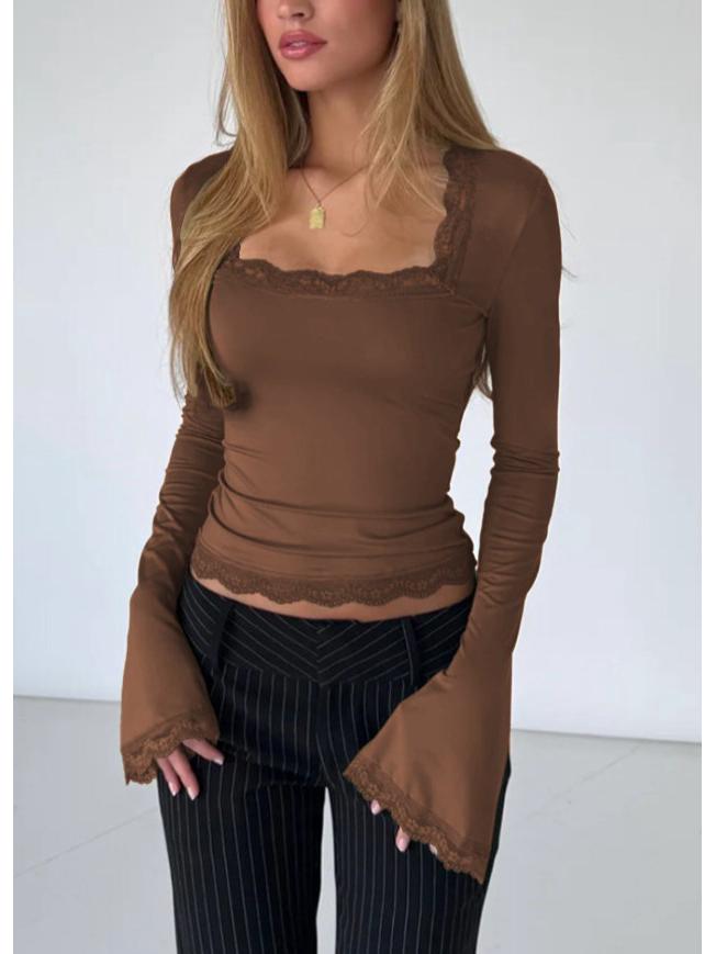 2025 Podzim/Zima Sexy Žebrovaný Top s Dlouhým Rukávem a Krajkovou Lemovkou s U Výstřihem