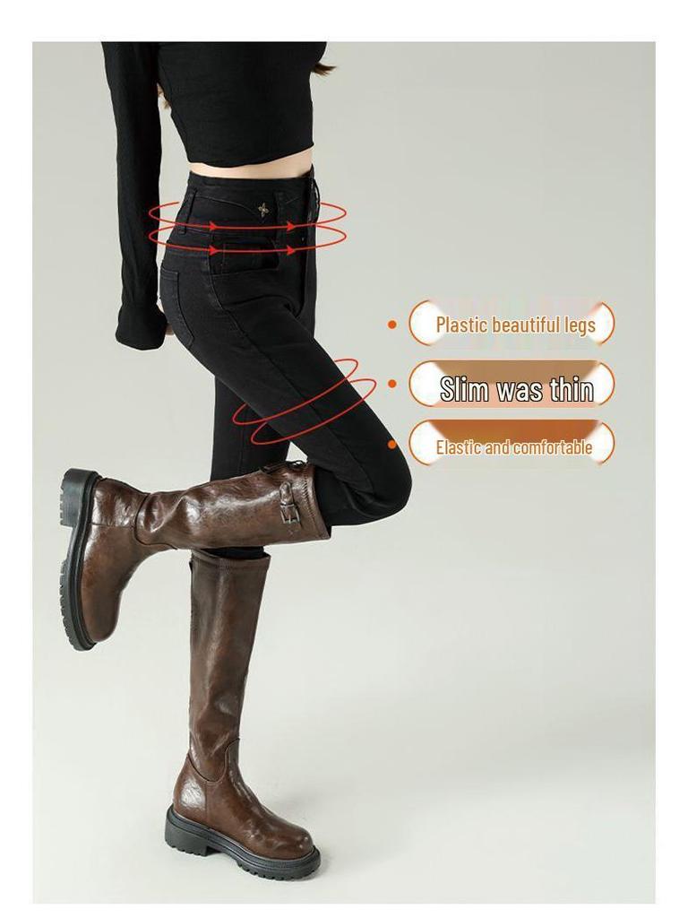 Women's High-Waisted Skinny Stretch Jeans - 2025 Autumn/Winter Plus Velvet Nine-Point Pencil Pants