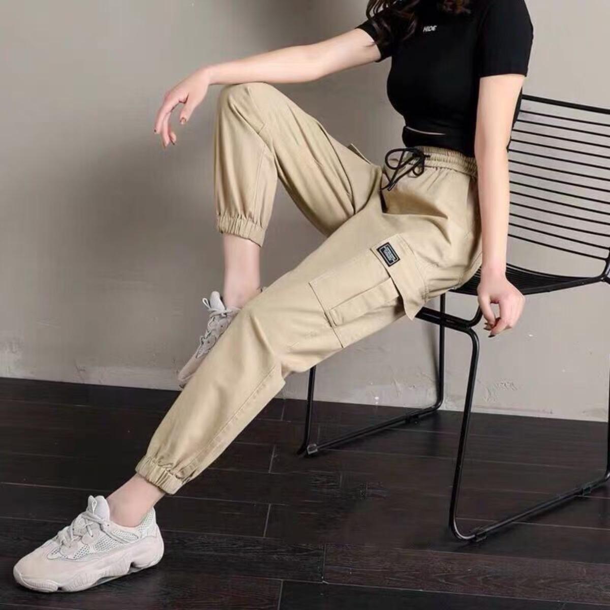 

Women Pants Thin Style Solid Casual Pockets Wide Leg Trousers Drawstring Ladies Straight Pants Versatile Hip-hop Sports Pants XS хаки