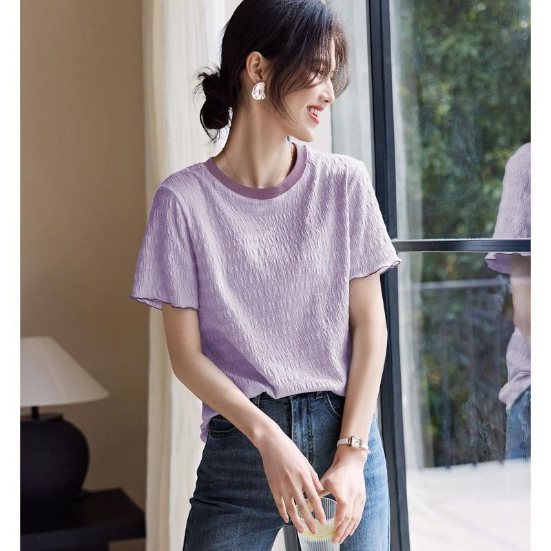 

Women s Textured Fabric Color Block Neckline Short Sleeve T-Shirt M светло-фиолетовый