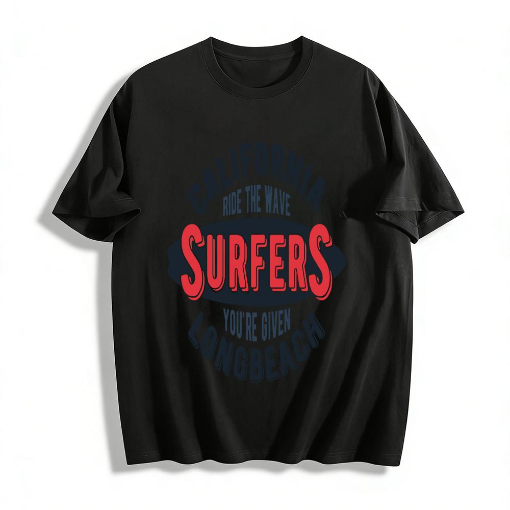 California Longbeach Surfers Ride The Wave Graphic Tee Casual Top Pure cotton T-shirt XXS