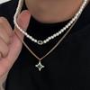 KunJoe 2Pcs/Set Retro Imitation Pearl Choker Necklace for Men Hip Hop Green Rhinestone Star Pendant Necklace  Jewelry New