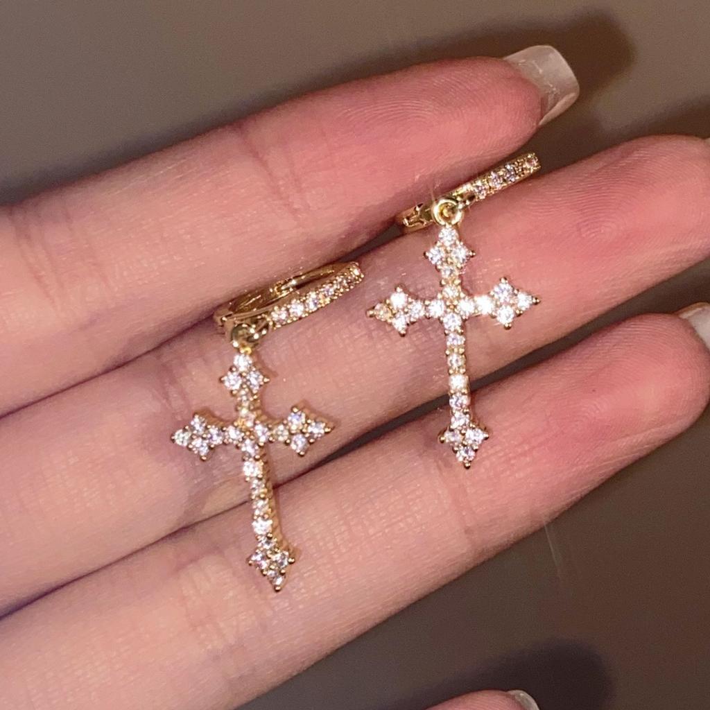 Punk Fashion Rhinestone Cross Earrings Kpop Zircon Cross Drop Earring for Women Grunge Egirl Earrings Charm Jewelry Accessories