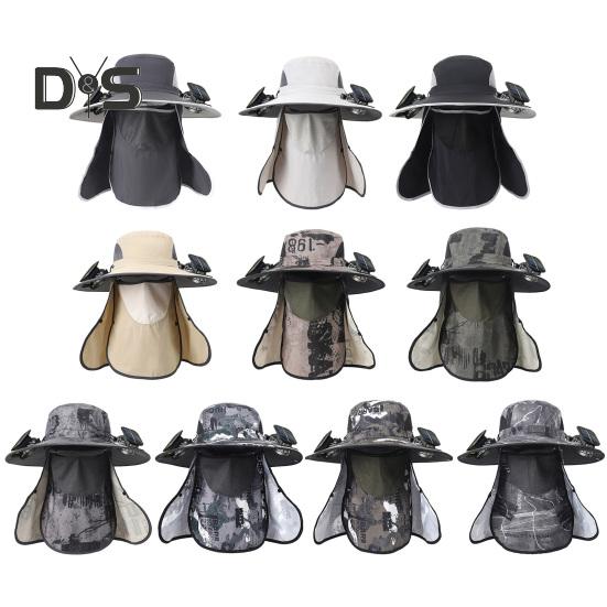 Wide Brim Sun Hat with 2 Solar Fan UV Protection Bucket Hat with Neck Flap And Face Guard 3 Speed Adjustable Fan Hat for Outdoor Fishing Camping
