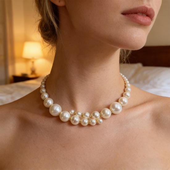 Naszyjnik Choker ze Sztucznych Pereł Damski Otwarty Choker Biała Okrągła Perła Grubszy Choker