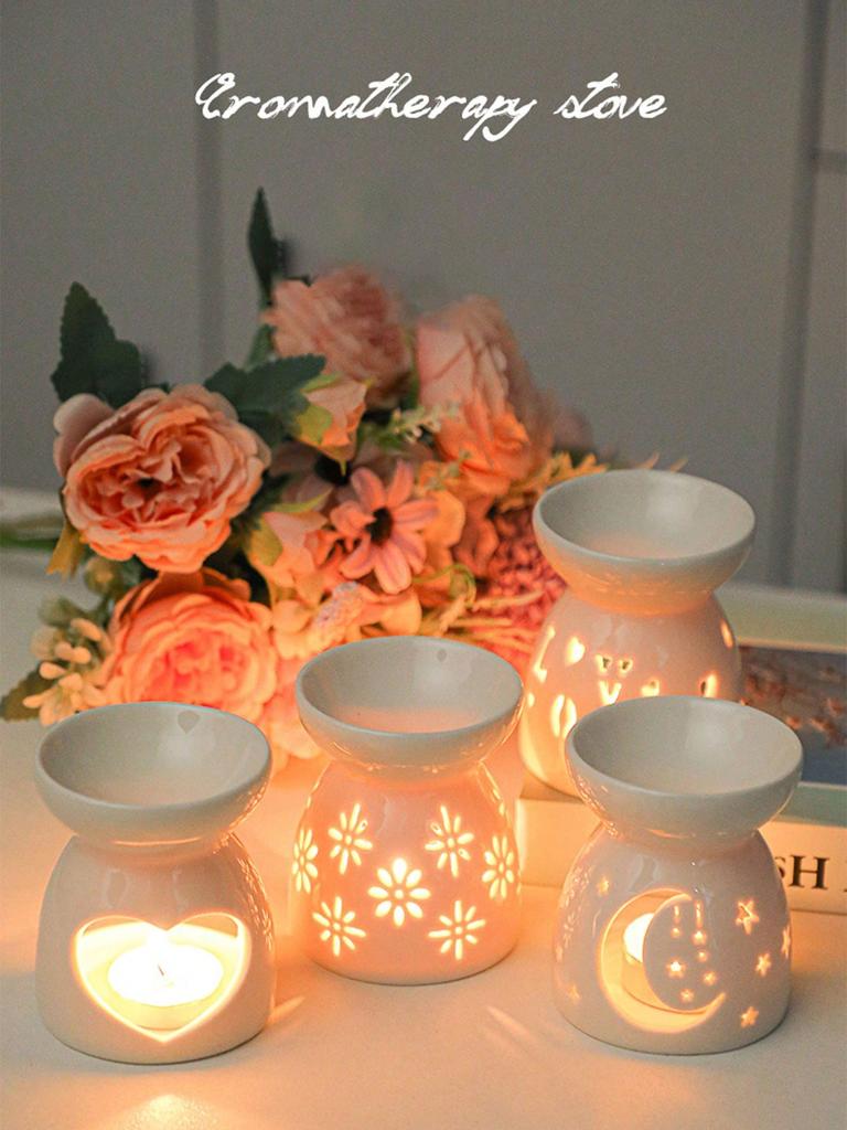Delicate Mini Ceramic Hollow Floral, Heart, Moon & Star Shaped Aromatherapy Candle Holder, Fragrance Oil Diffuser Burner.