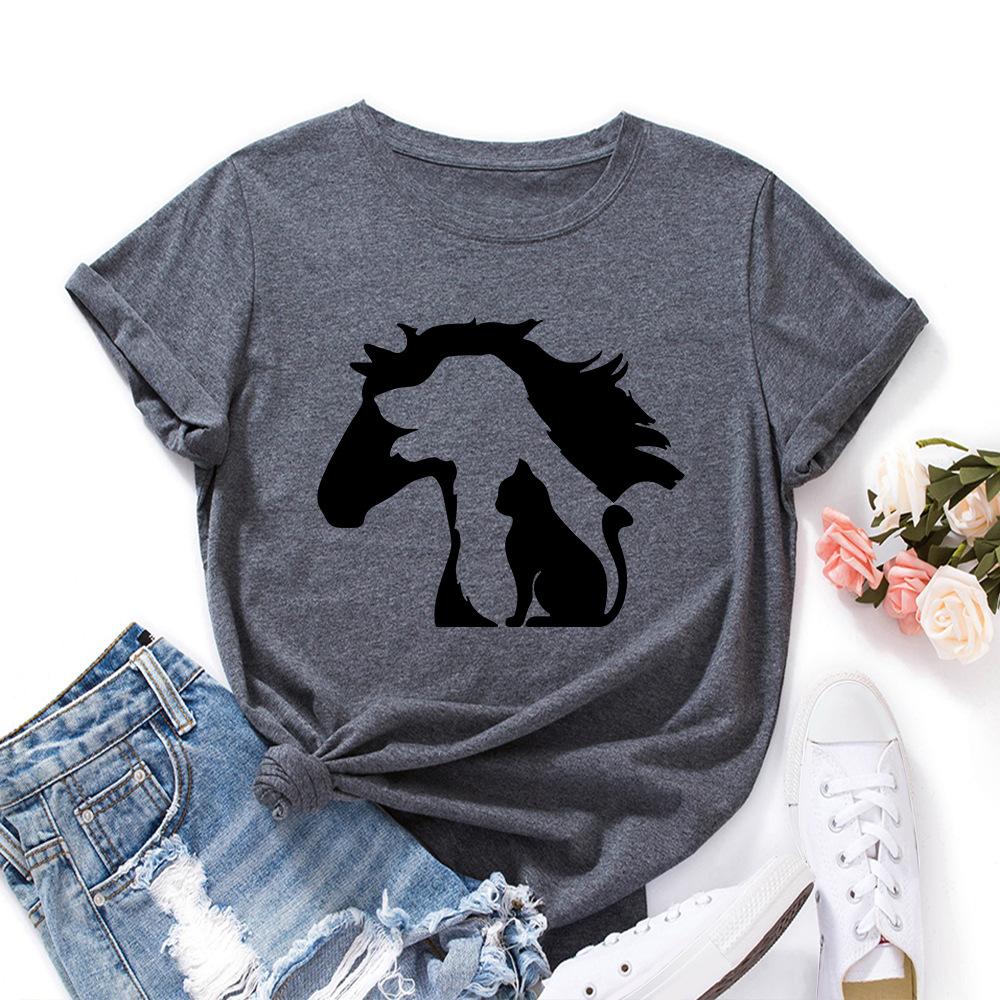Silhouette Animals Cotton T-Shirt Short Sleeve Round Neck Women 2d Print Tops