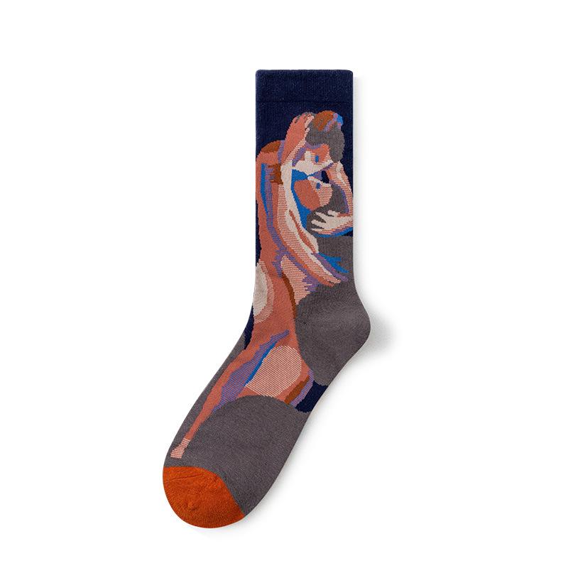 French Retro Abstract Oil Painting Mid-Calf Socks - Trendy Autumn/Winter High-Top Creative Combed Cotton for Women