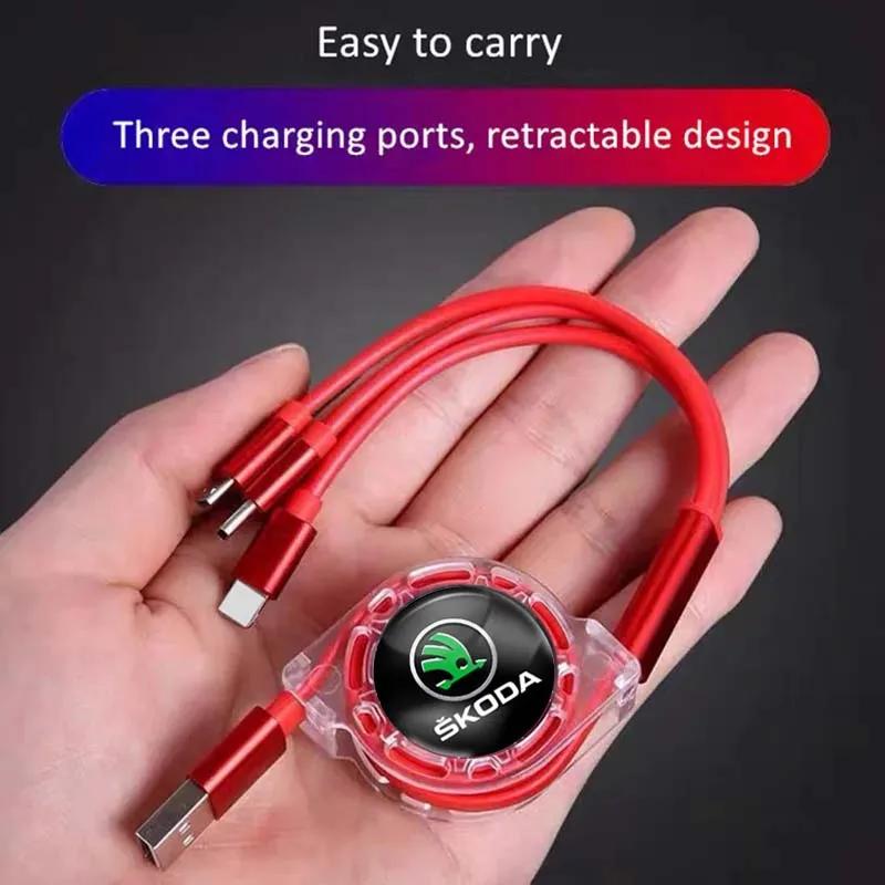 ERQY8 Car Interior 3 In 1 Fast Charger USB Data Cable Accessories For Skoda S Skoda Kodiaq Fabia Kamiq Karoq Octavia 3 A5 Rapid Scala