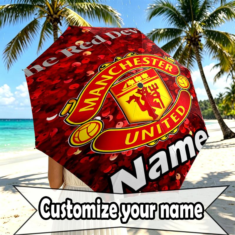 Custom Name Personalized Manchester Football F.C Print Umbrella, Auto Open Close, 8‑Rib Sturdy Frame, Commute Camping Hiking Use, Birthday Gift