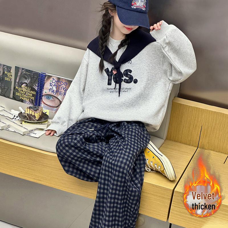 

Girls 2025 Korean Style Fleece-Lined Cape Sweatshirt & Plaid Pants Set 170 cm