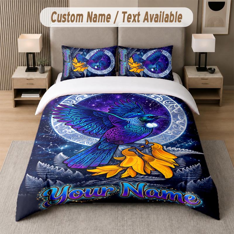 Set de lenjerie de pat cu tematică spațială cosmică, text sau nume personalizat, 3 piese: 1 cearșaf plat și 2 fețe de pernă, lenjerie de pat personalizată pentru casă
