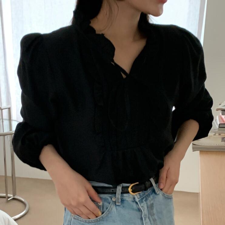 Autumn 2025 Women's Korean Ruffle Tie-Up Puff Sleeve Loose Shirt