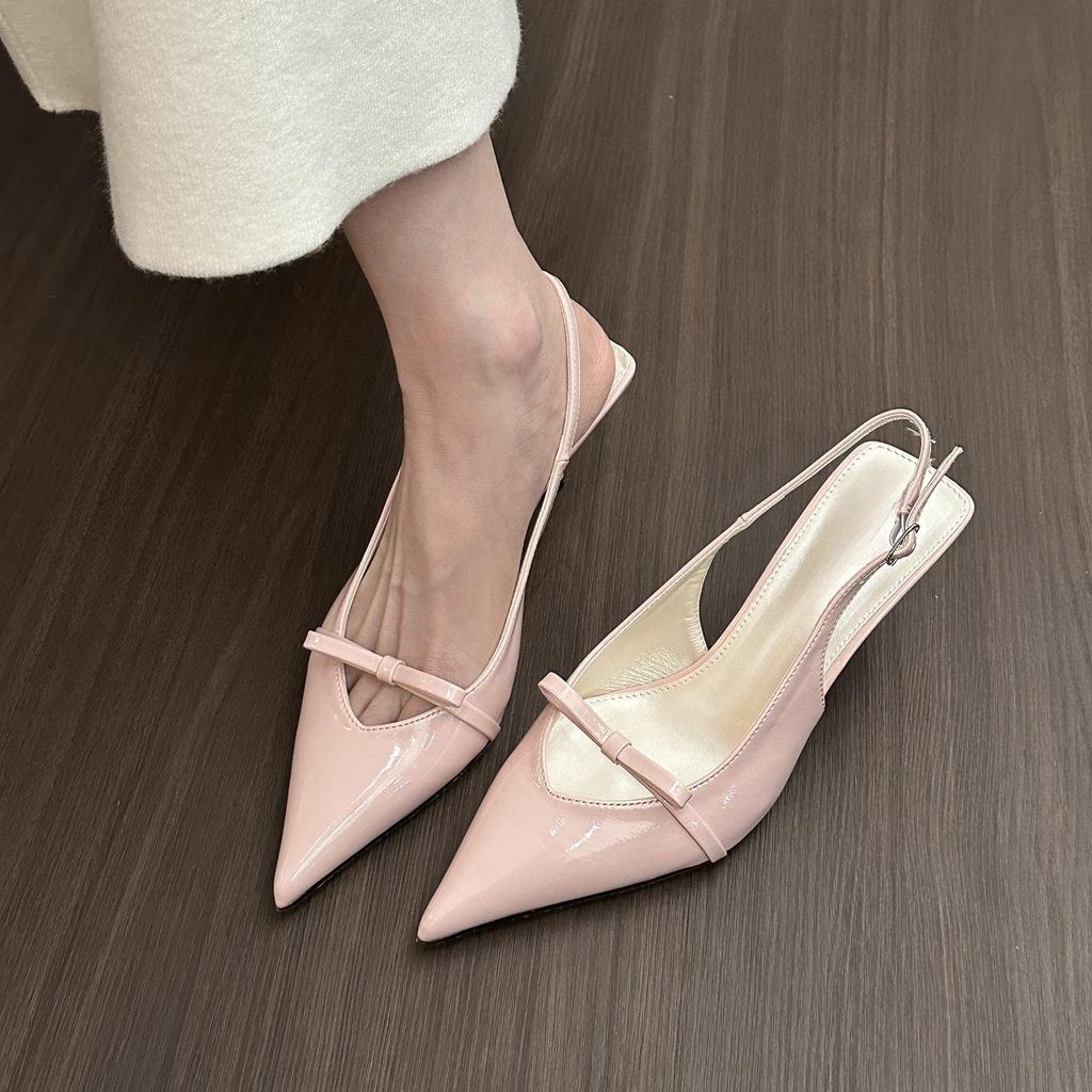 Black patent leather pointed high heels women's bag head sandals women's 2025 spring and summer French bow thin heel empty shoes