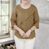 ZANZEA Women Casual Round Neck Solid Color Summer 3/4 Sleeve Blouse