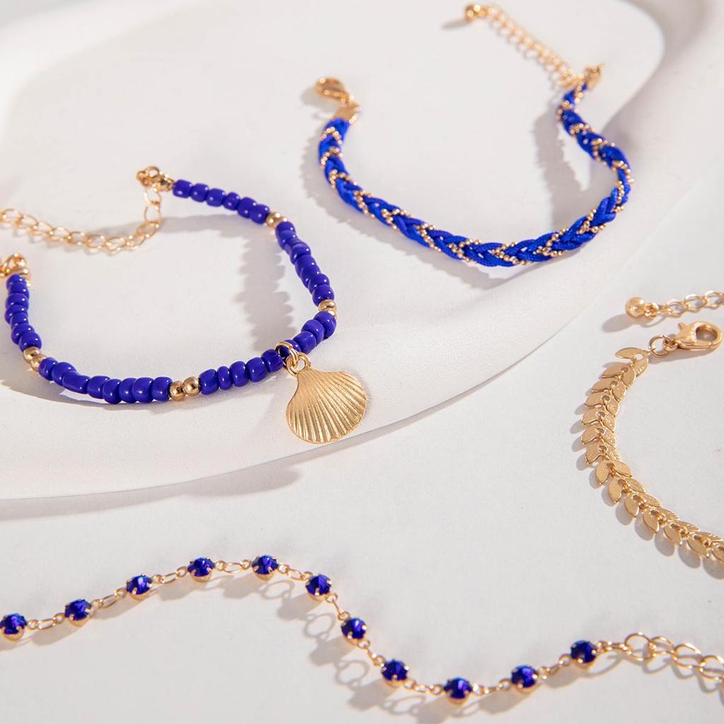 Grenzüberschreitender Schmuck, Reiskörnerperlen, Perlenketten, Geflochtene Seile, Muscheln, Geometrische Diamantbesetzte Blätter, Mehrschichtiges Armband-Set