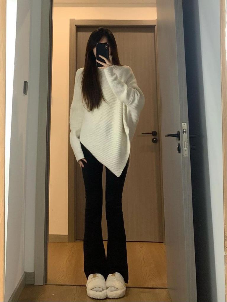 MULVAN Women's Irregular High Neck Batwing Sweater Top