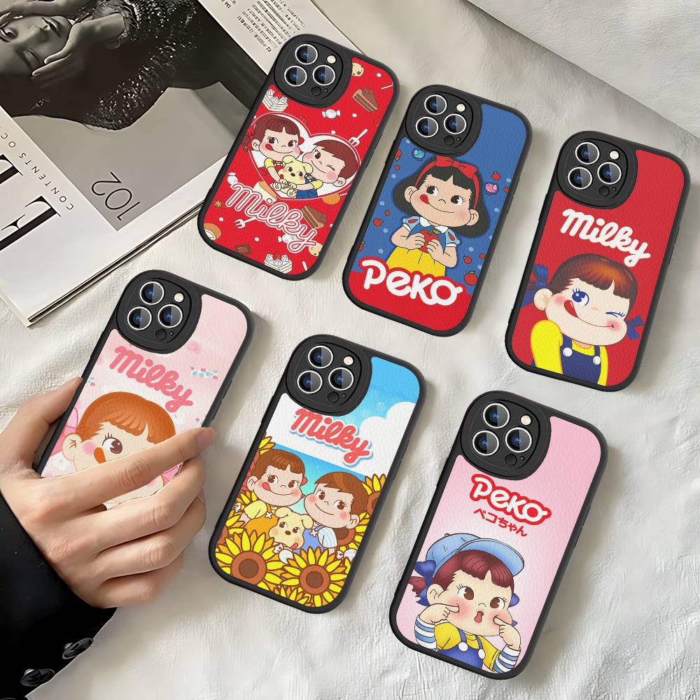 Fujiya Milky Peko Chan Phone Case For IPhone 16 15 14 13 Pro Max 11 12 Plus Leather Silicone Cover